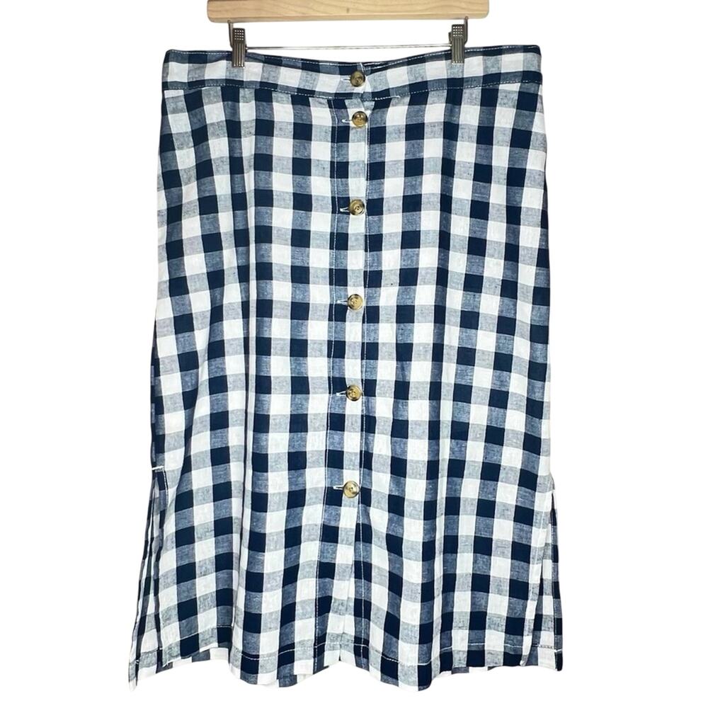 Telluride Clothing Midi Skirt L Buffalo Plaid Linen Blend Button Front Pockets